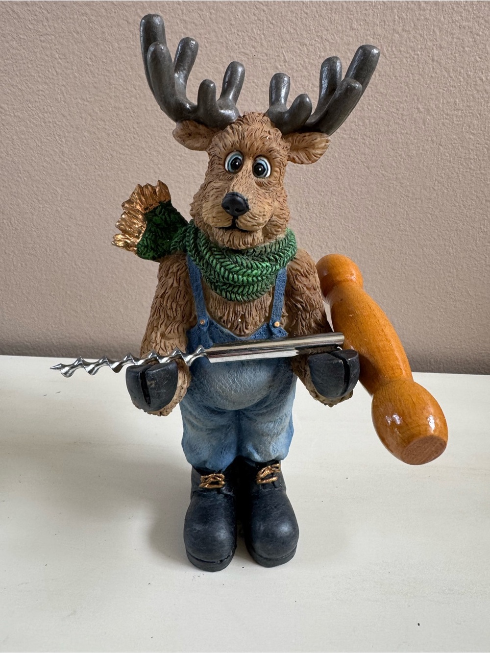 Reindeer Figurine Corkscrew Holder in Brown, Blue & Green